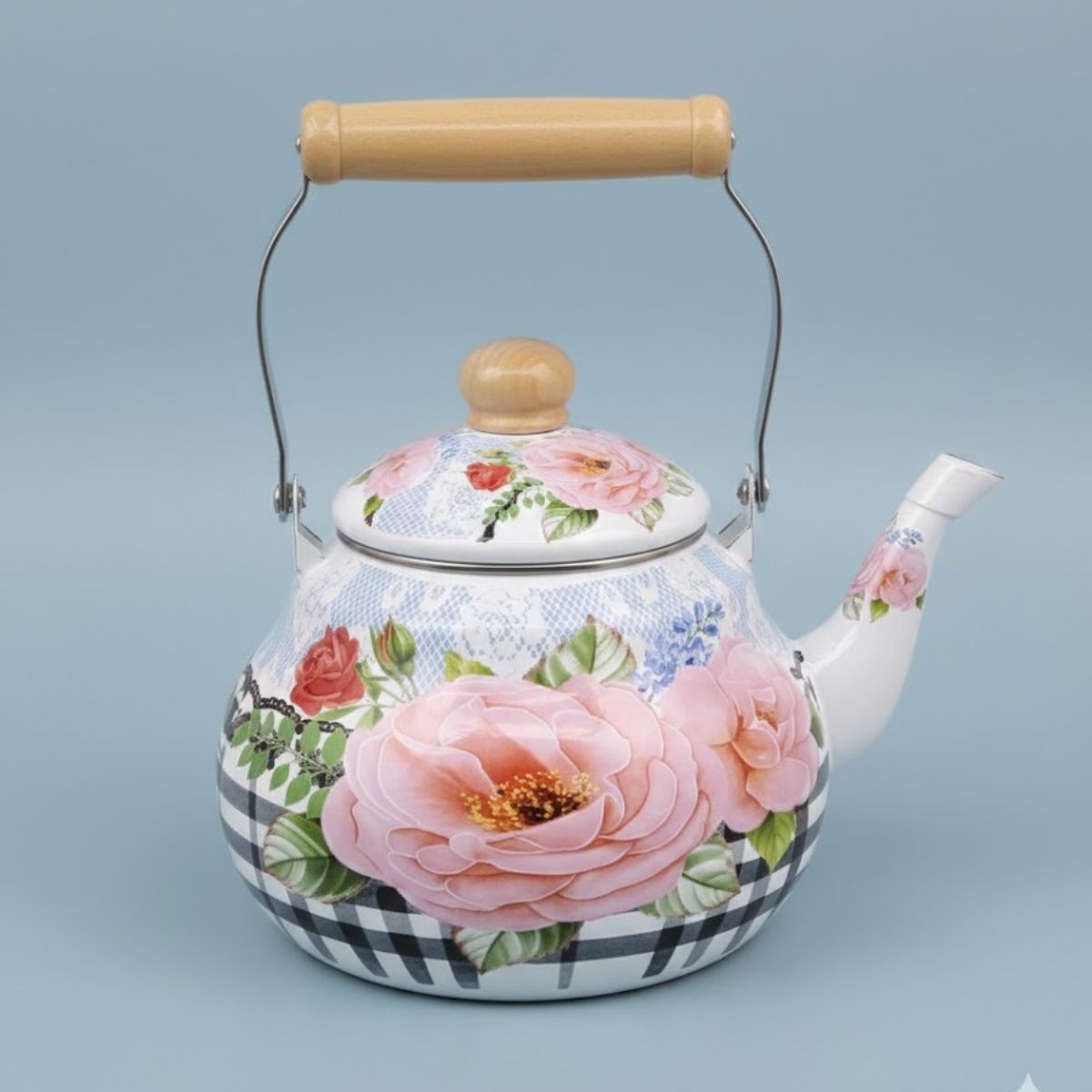 Chaleira Esmaltada Floral com Alça Amadeirada 2L - 16807-4