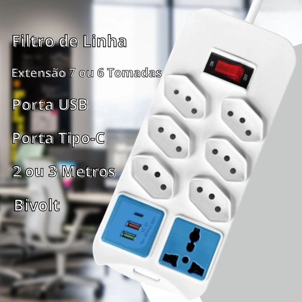 Extensão Elétrica 7 Tomadas + 2 USB Cabo + 1 Tipo C 2m Bivolt Branco - BZ-8208PD