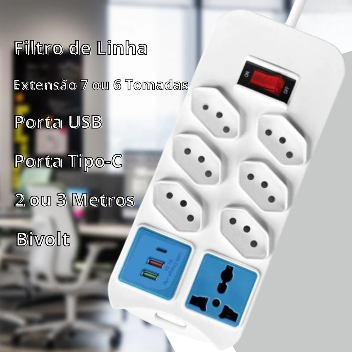 Extensão Elétrica 7 Tomadas + 2 USB Cabo + 1 Tipo C 2m Bivolt Branco - BZ-8208PD