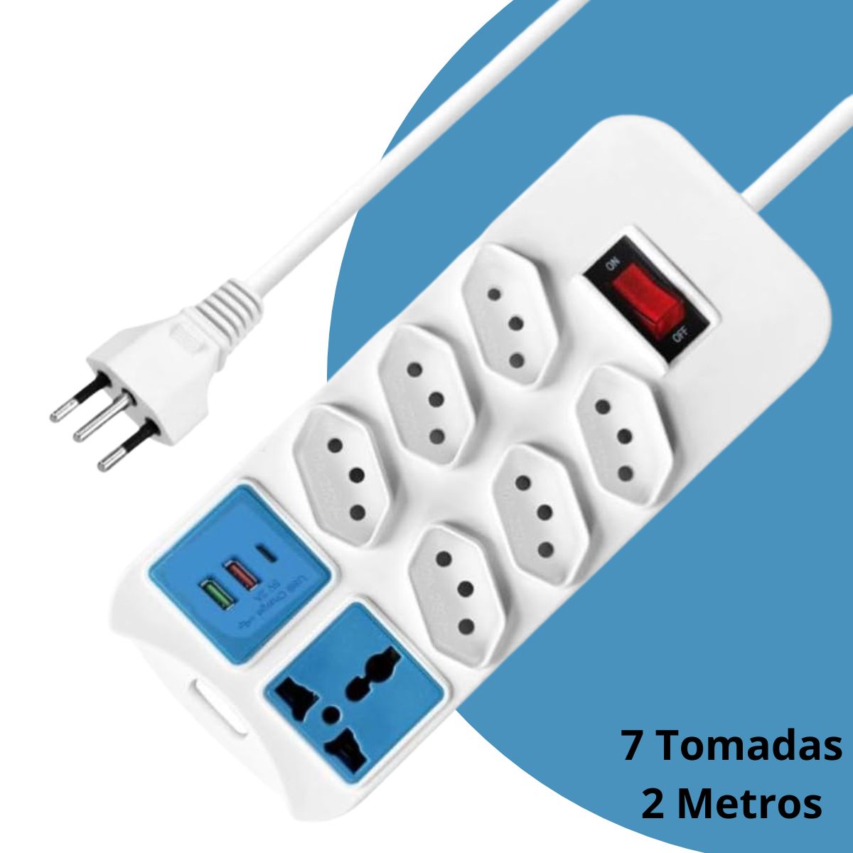Extensão Elétrica 7 Tomadas + 2 USB Cabo + 1 Tipo C 2m Bivolt Branco - BZ-8208PD