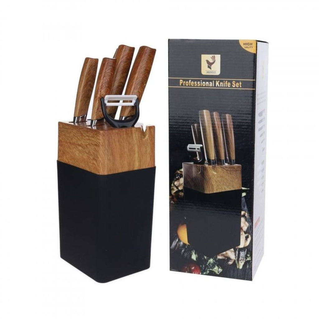 Jogo de Facas de Aço Inox com Cabo de Madeira e Suporte - LCT0037
