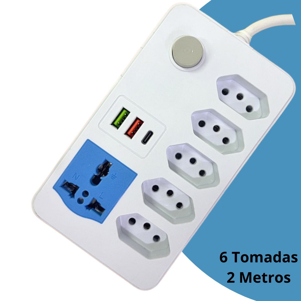 Extensão Elétrica 6 Tomadas + 2 USB Cabo 2m Bivolt Branco | XDX Inox