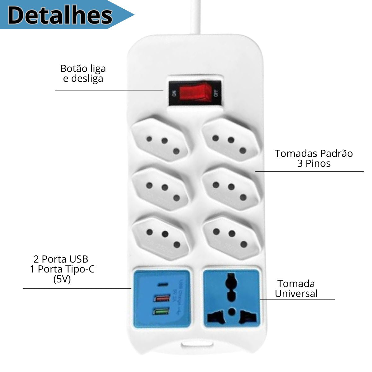 Extensão Elétrica 7 Tomadas + 2 USB Cabo + 1 Tipo C 2m Bivolt Branco - BZ-8208PD