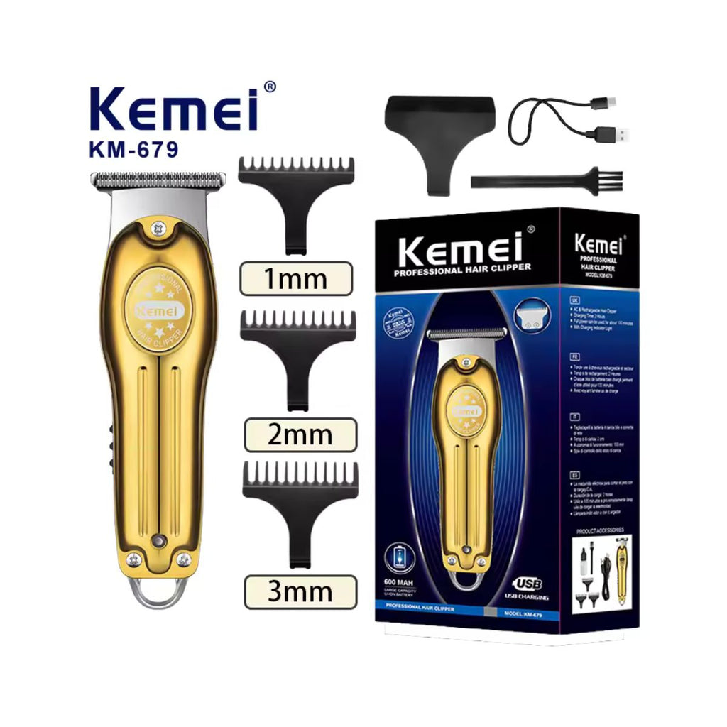 Aparador de Cabelo Elétrico Kemei KM-679 Prata e Ouro USB Luz LCD - KM-679