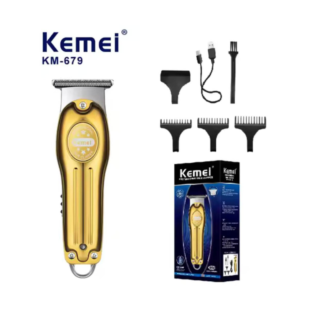 Aparador de Cabelo Elétrico Kemei KM-679 Prata e Ouro USB Luz LCD - KM-679