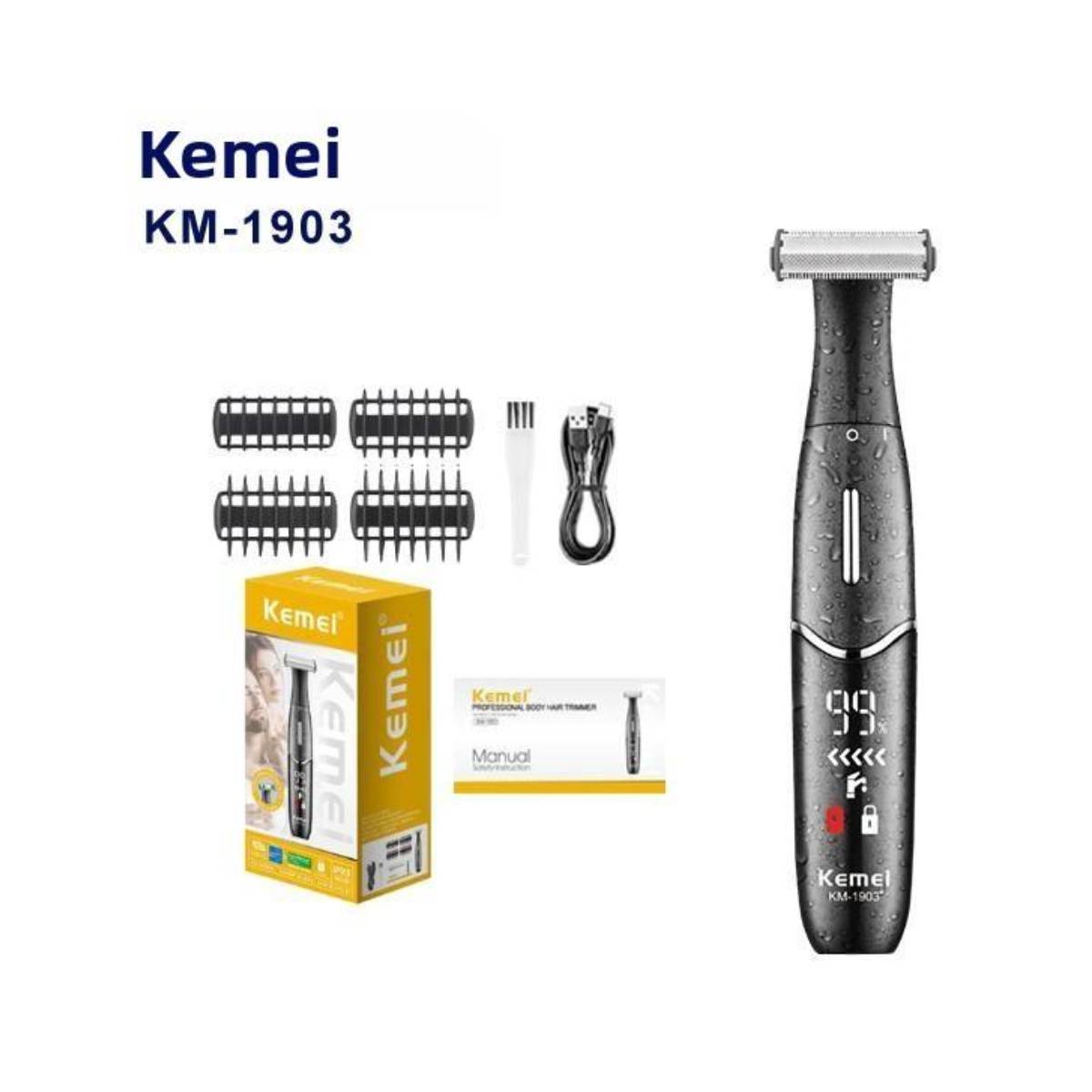 Aparador de Pelos Corporais Kemei KM-1903 Pro IPX5 à Prova d'Água - TMQ-KM-1903