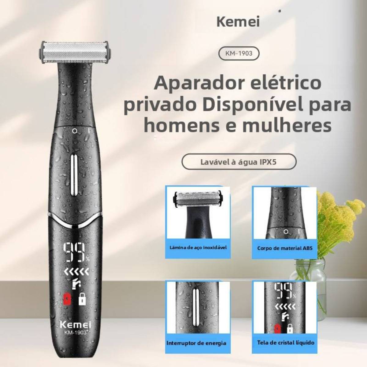 Aparador de Pelos Corporais Kemei KM-1903 Pro IPX5 à Prova d'Água - TMQ-KM-1903