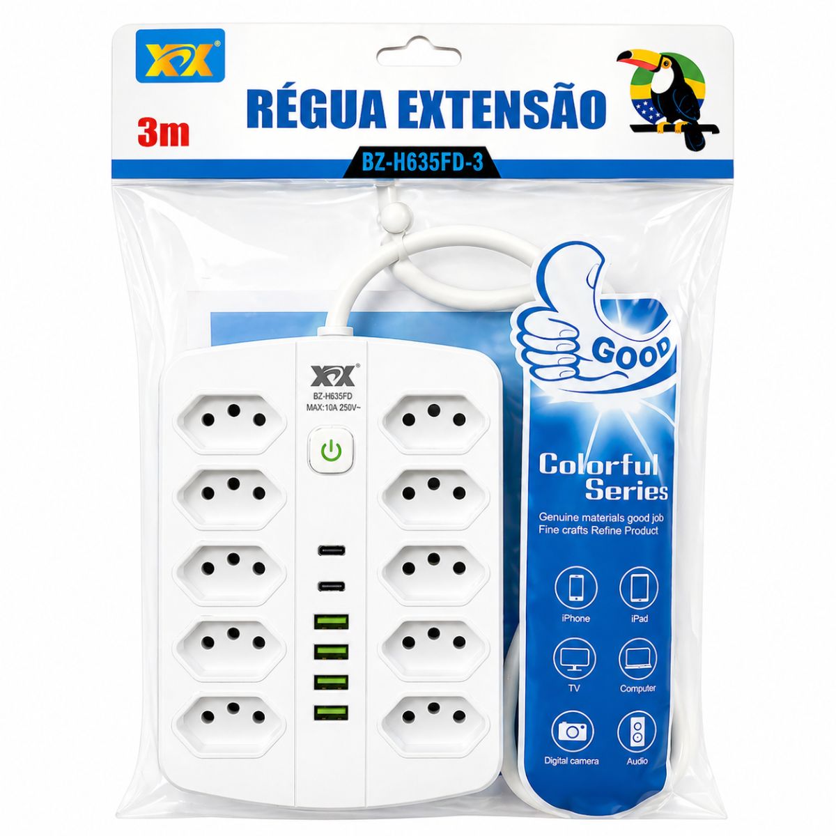 Filtro de Linha com 10 Tomadas, USB e Cabo 3 Metros - BZ-H635PD-3