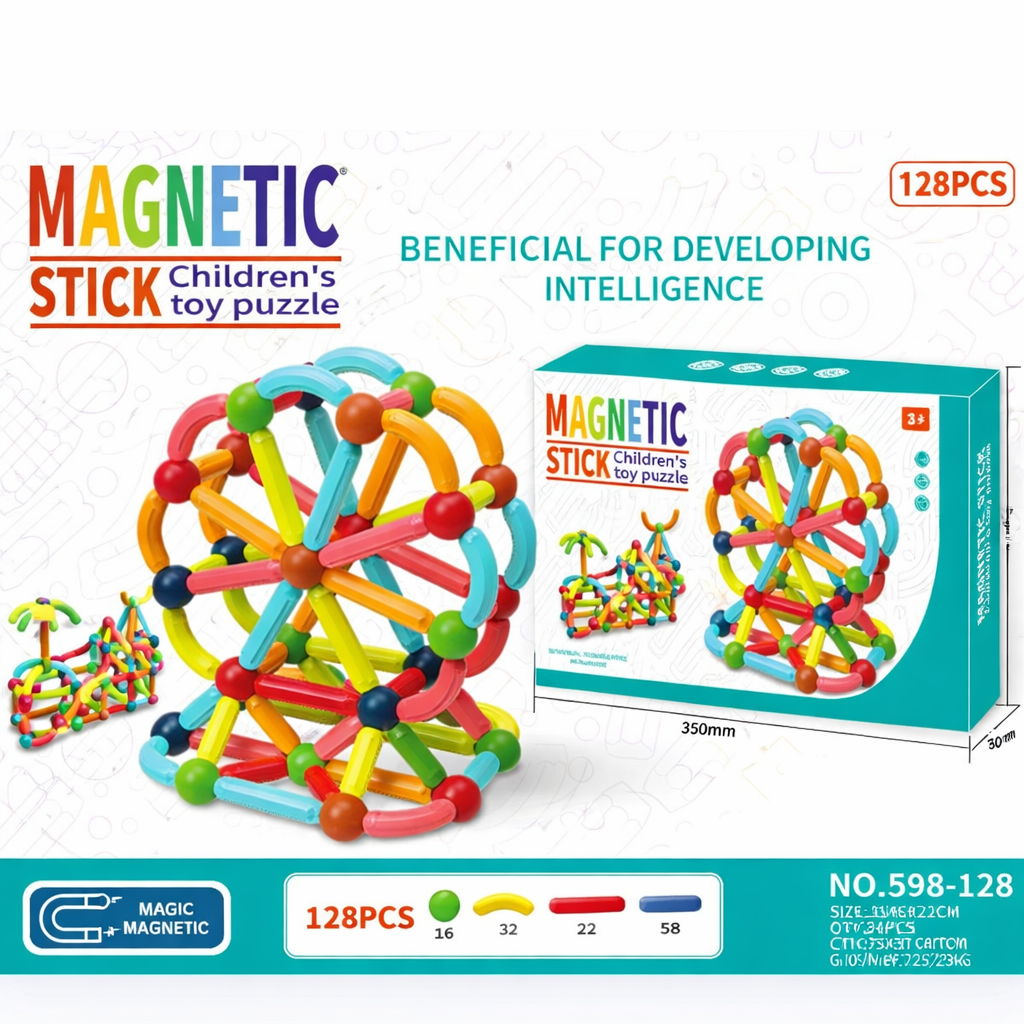 Blocos Magnéticos 128 Peças Barras e Esferas – Brinquedo Educativo de Montar - UPPER1131