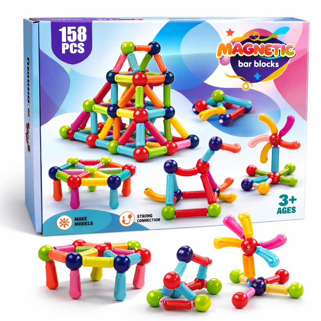 Blocos Magnéticos 158 Peças Barras e Esferas – Brinquedo Educativo de Montar - BJG00038