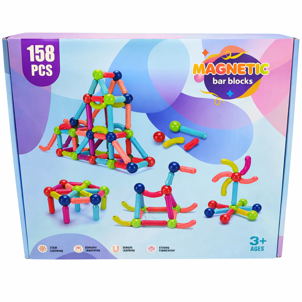 Blocos Magnéticos 158 Peças Barras e Esferas – Brinquedo Educativo de Montar - BJG00038/18pz