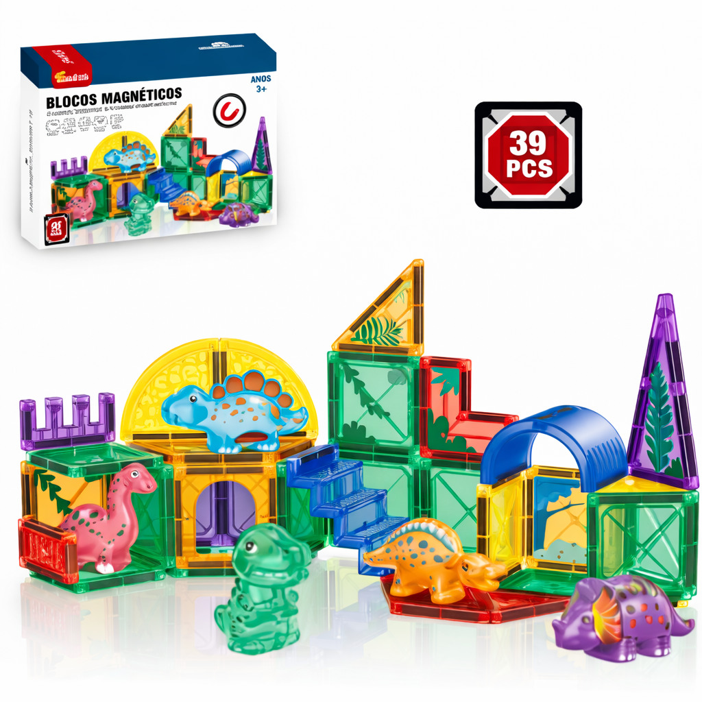 Blocos Magnéticos 39 Peças com Dinossauros – Brinquedo Educativo de Montar - TW887-B39