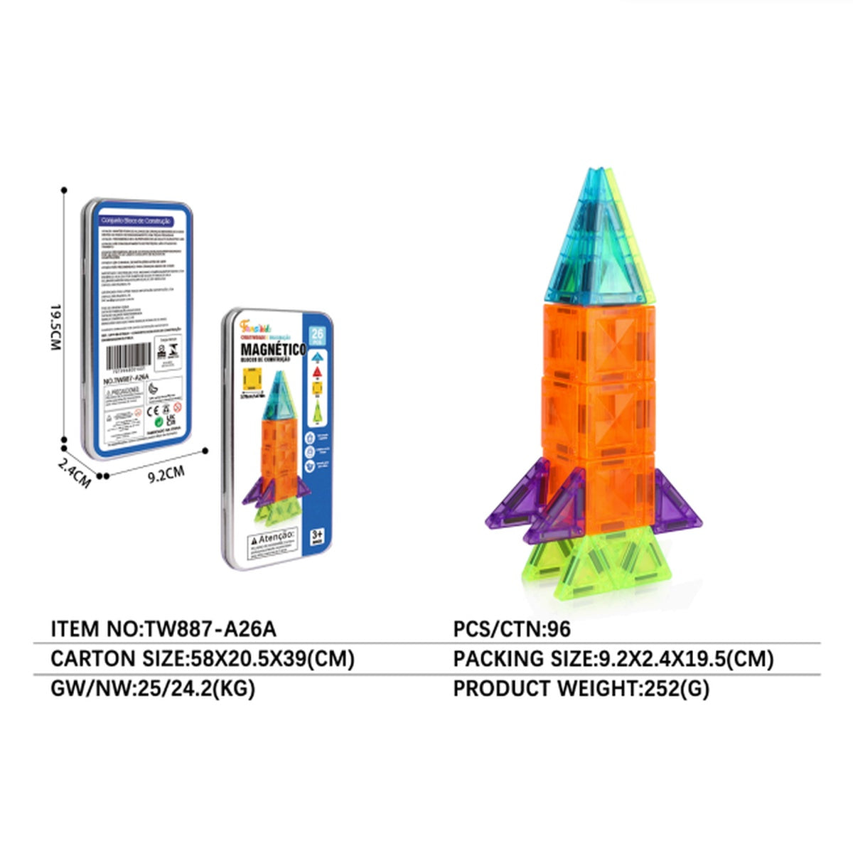 Blocos Magnéticos 3D Infantil 26 Peças Foguete - TW887-A26
