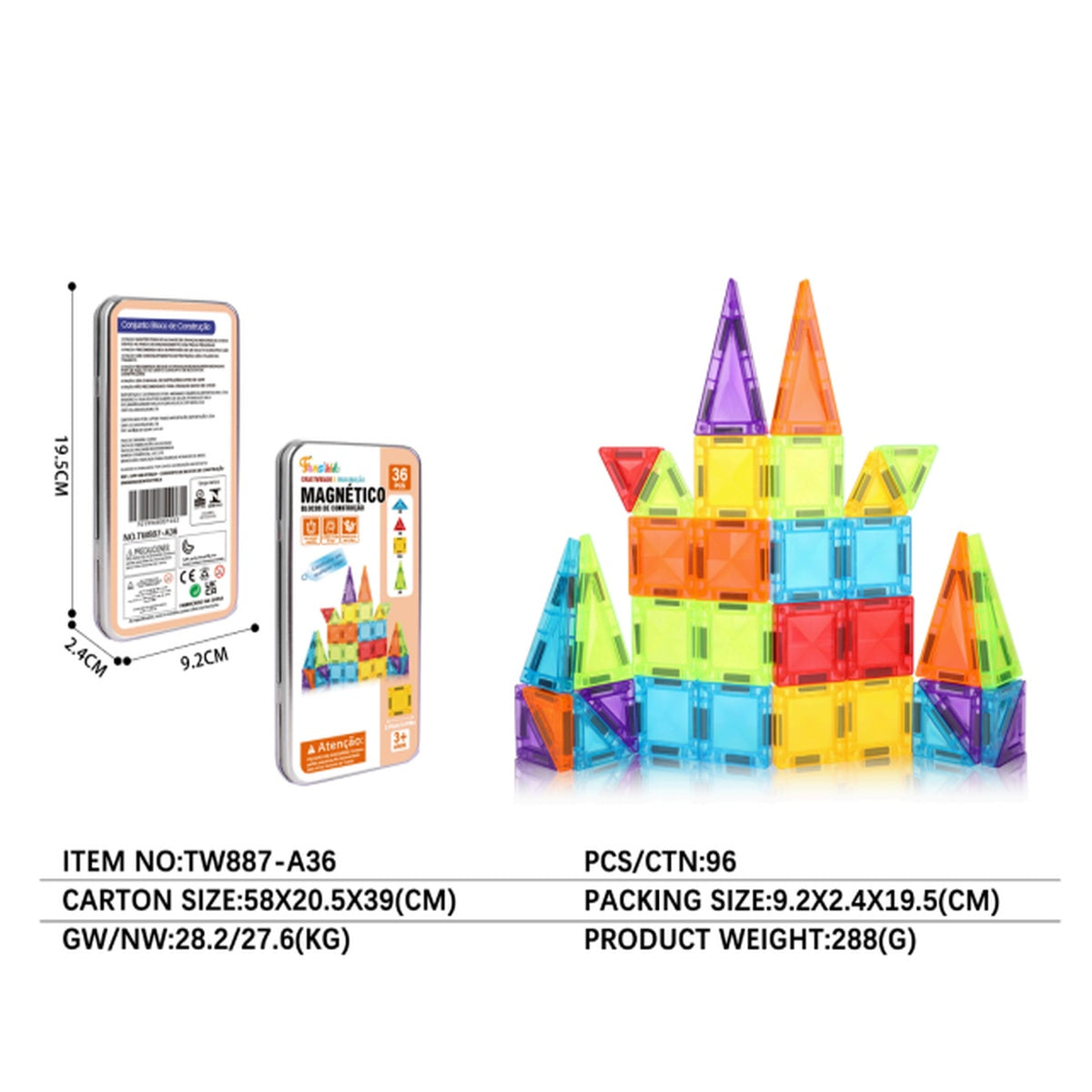 Blocos Magnéticos 3D Infantil 36 Peças - TW887-A36