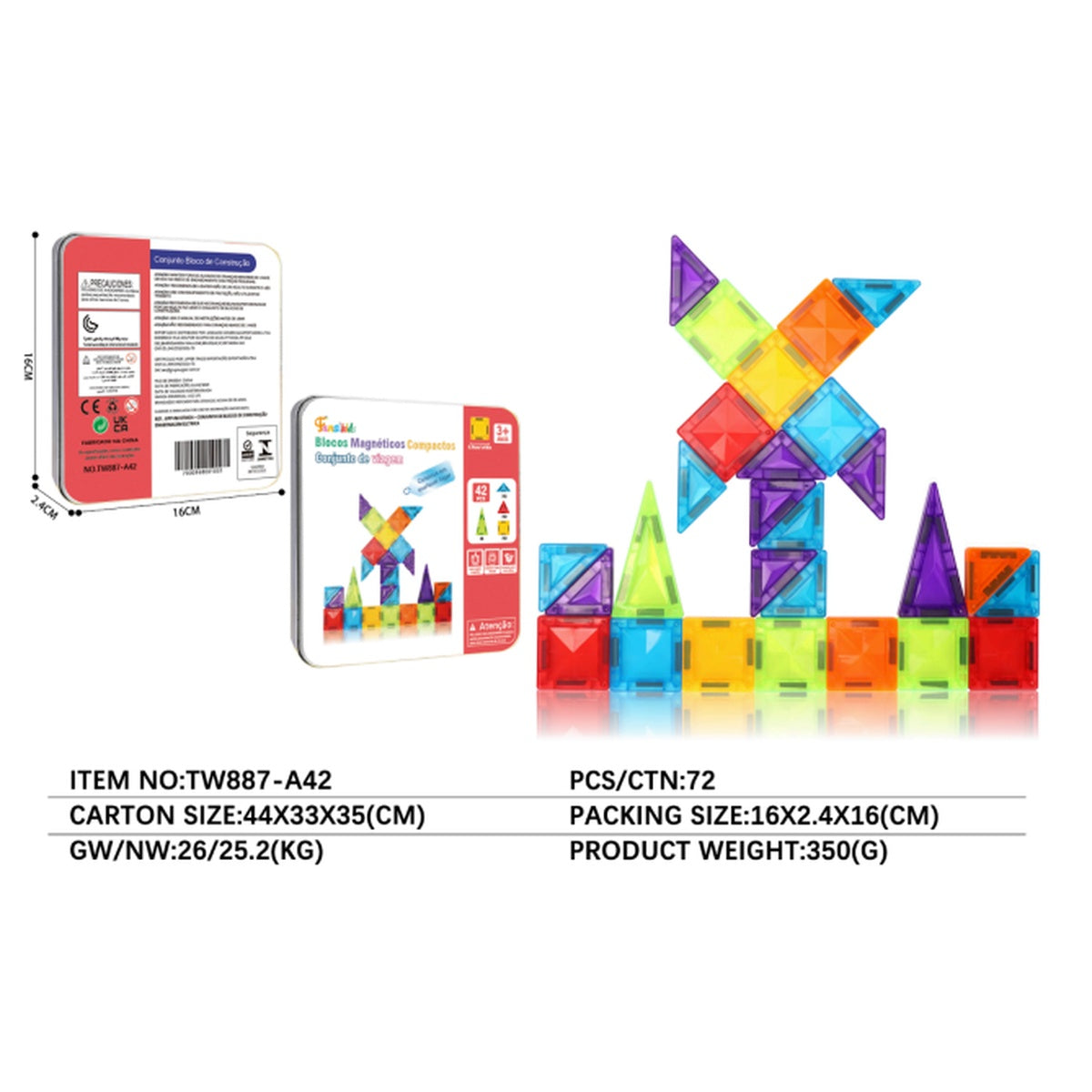 Blocos Magnéticos 3D Infantil 42 Peças - TW887-A42
