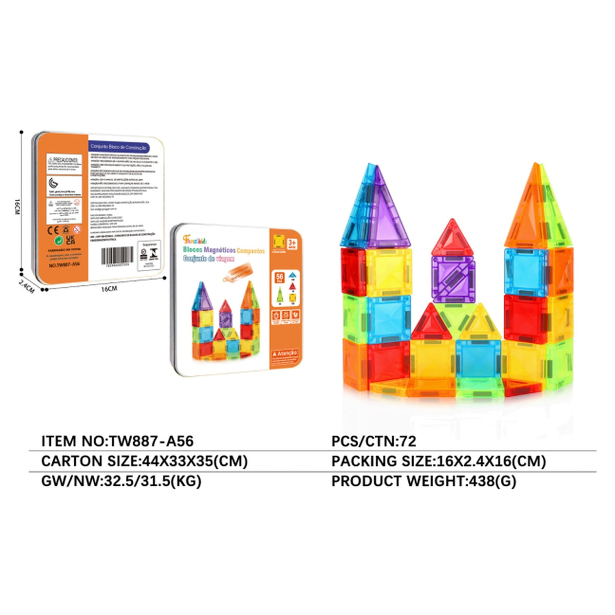 Blocos Magnéticos 3D Infantil 56 Peças - TW887-A56