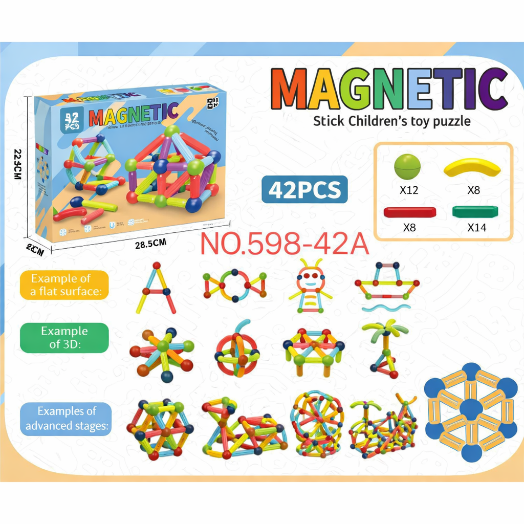 Blocos Magnéticos 42 Peças Barras e Esferas – Brinquedo Educativo de Montar - UPPER1128