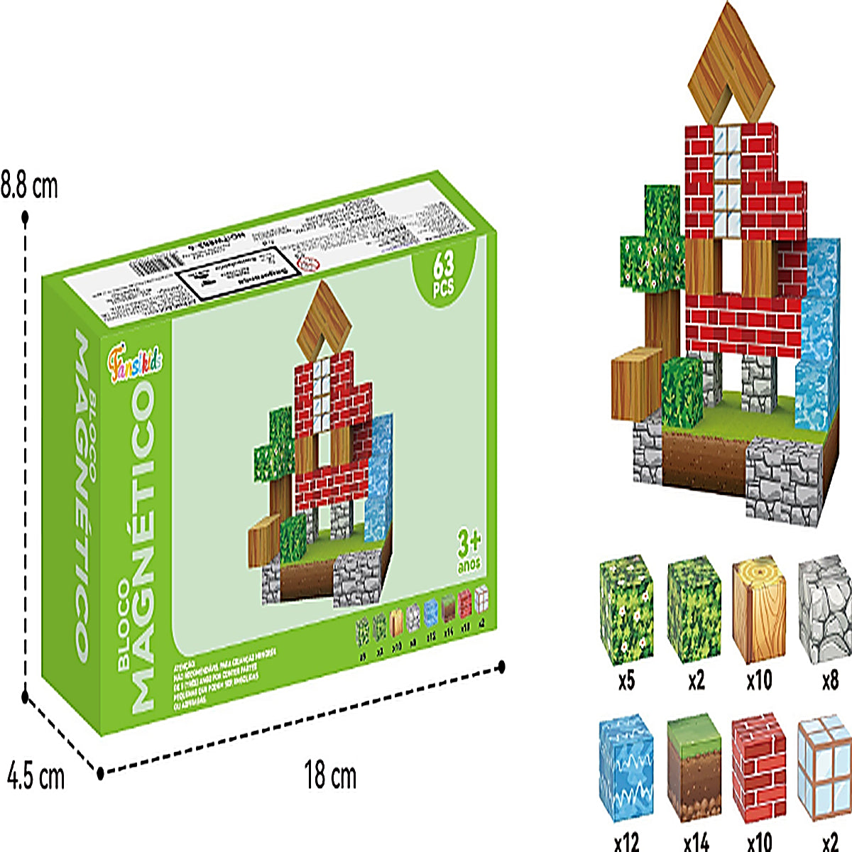 Blocos Magnéticos Cubos de Construção 63 peças – Brinquedo Educativo - TW883-6