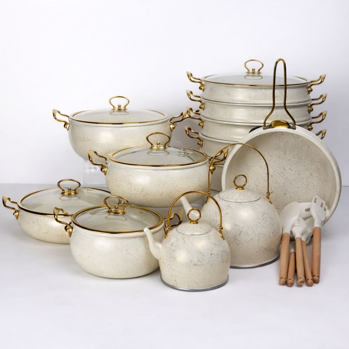 Conjunto de Panelas Bege e Dourado 24 Peças Clássico - CPN0038