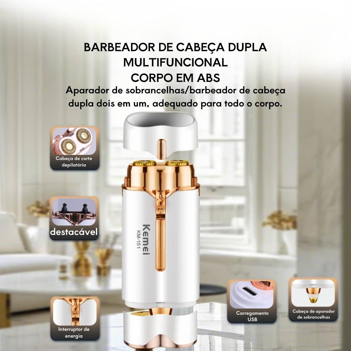 Depilador e Barbeador 2 em 1 Kemei KM-151 para Sobrancelhas Multifuncional - TMQ-KM-151