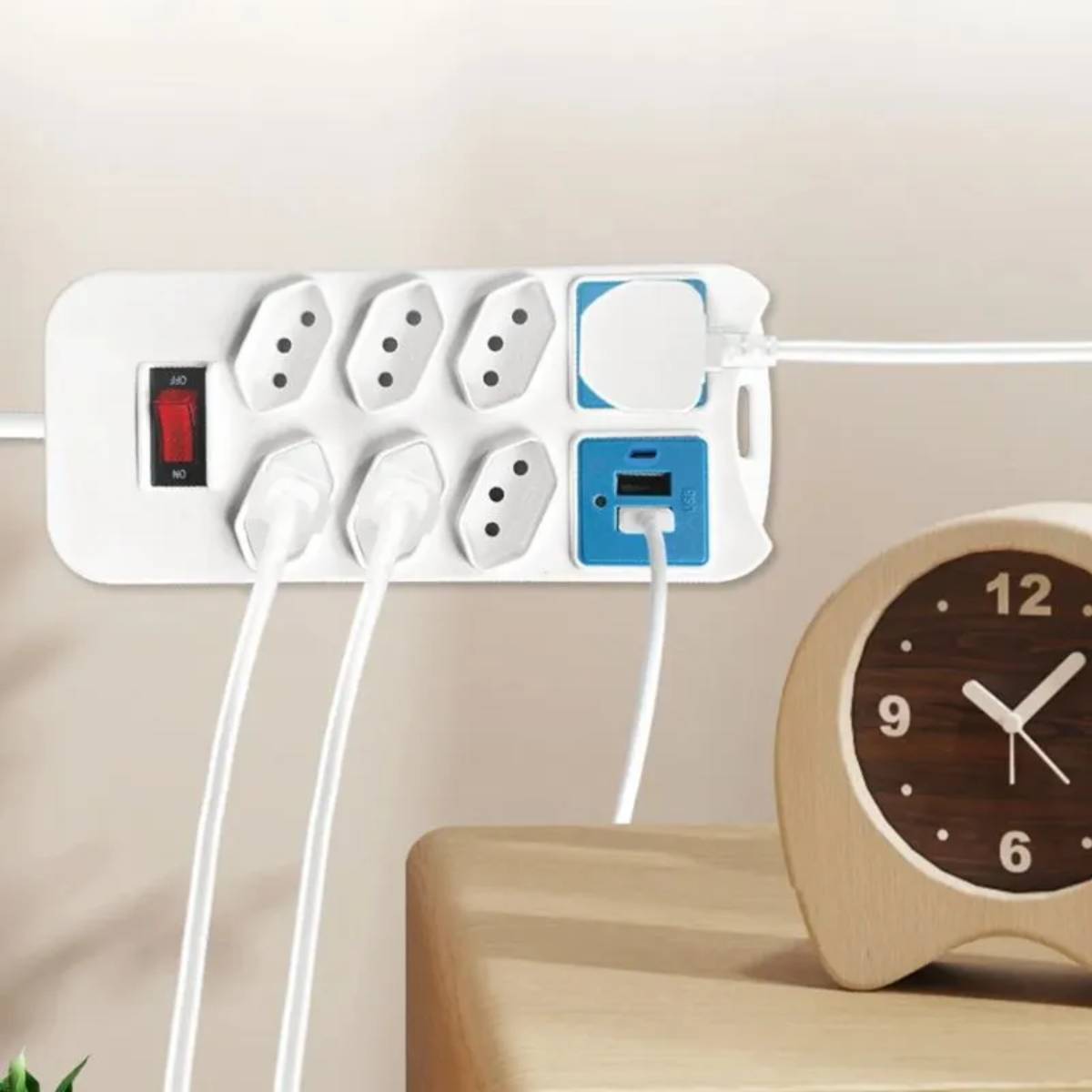 Extensão Elétrica 7 Tomadas + 2 USB Cabo + 1 Tipo C 2m Bivolt Branco - BZ-8208PD