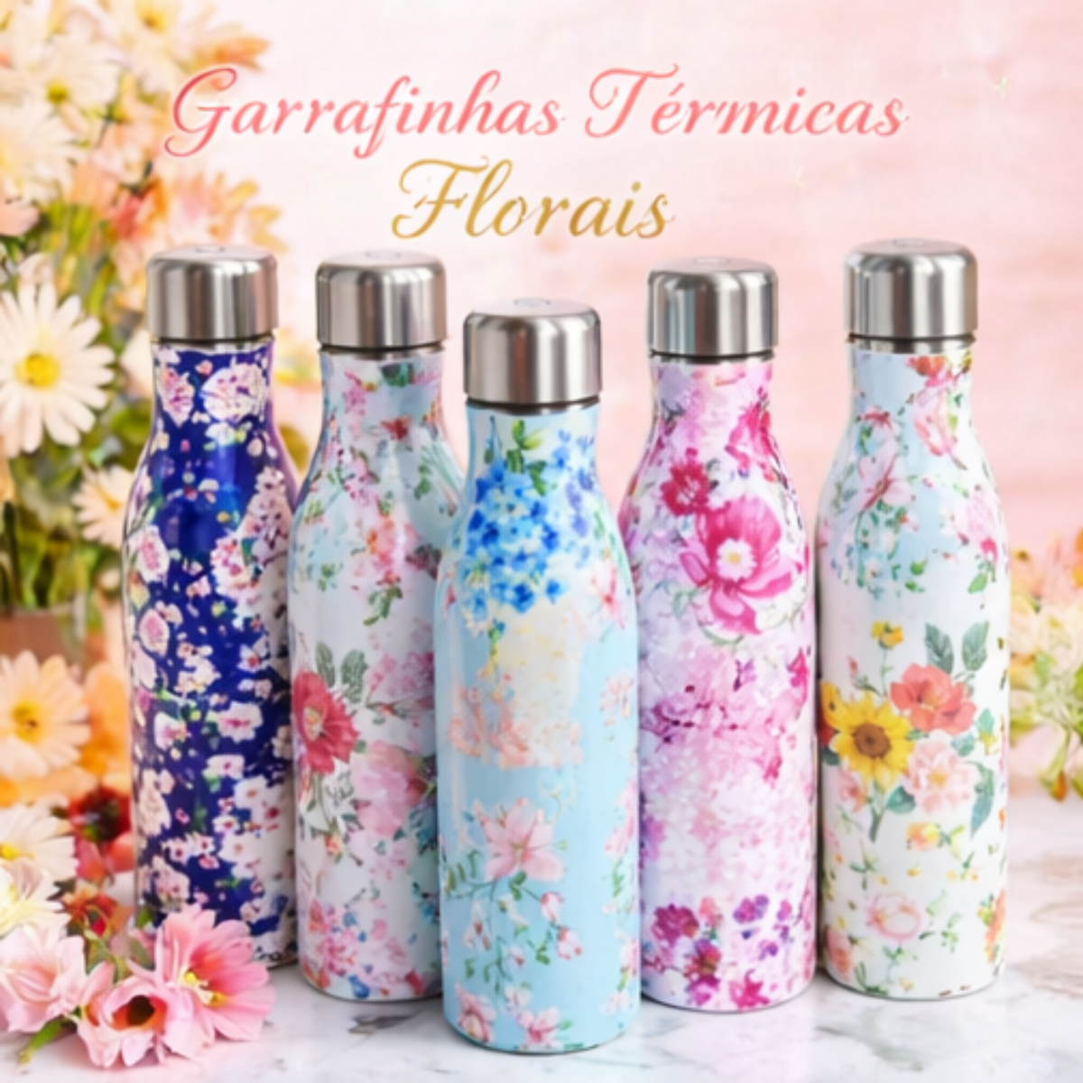 Garrafa Térmica de Aço Inoxidável Estampas Florais Variadas - IOD00019-C