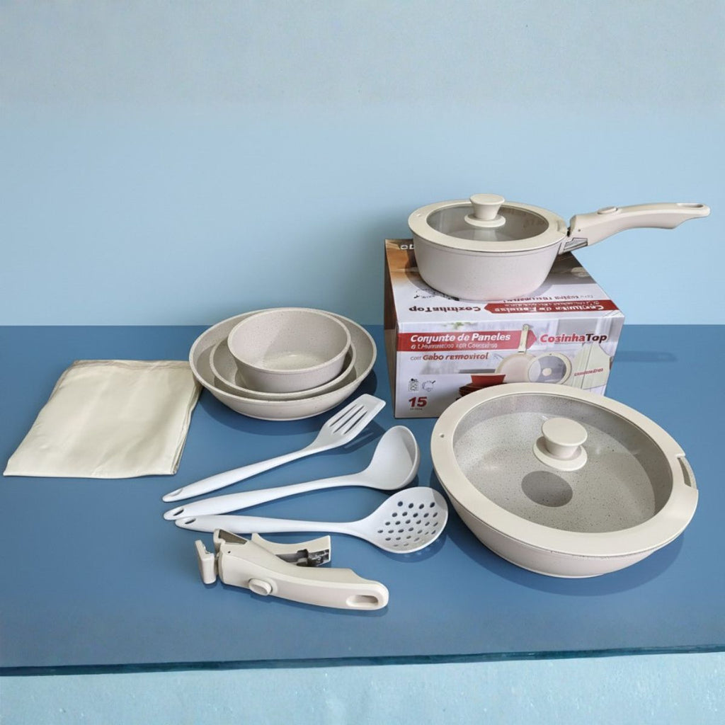 Jogo de Panelas 15 Peças Antiaderente com Cabo Removível - IPJ00015