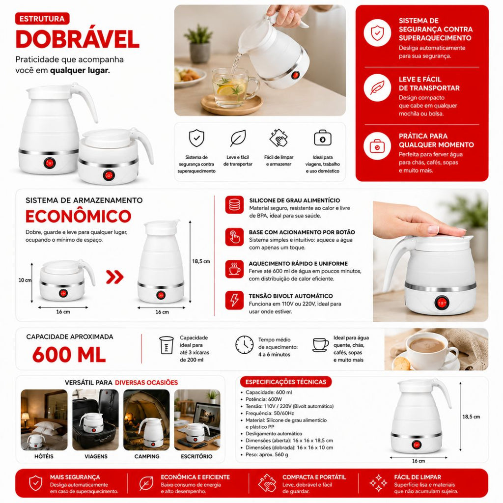 Jarra Elétrica Dobrável em Silicone 600ml - SUN-15