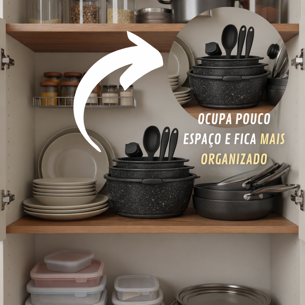 Jogo de Panelas 15 Peças Antiaderente com Cabo Removível - IPJ00015