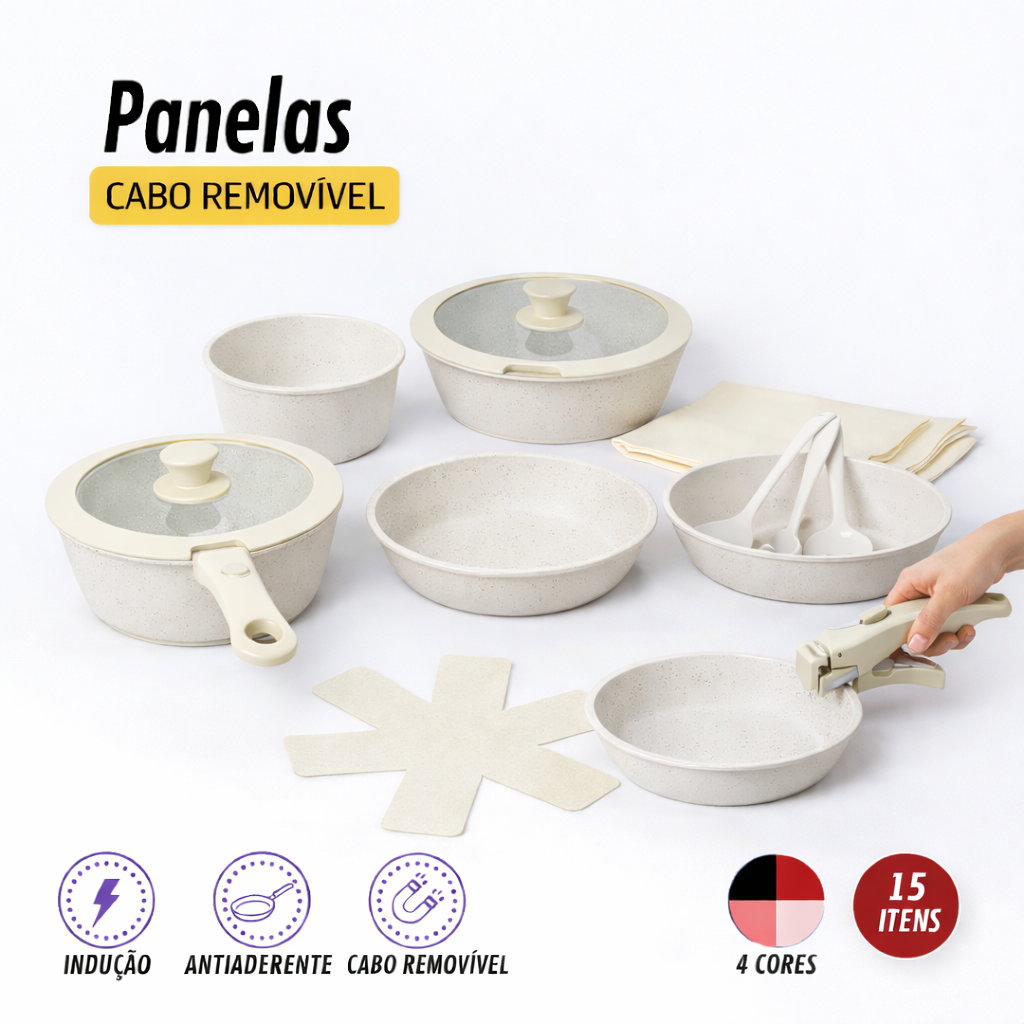 Jogo de Panelas 15 Peças Antiaderente com Cabo Removível - IPJ00015