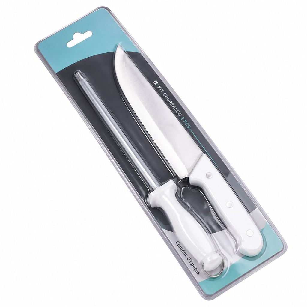 Kit Churrasco 2 Peças Faca e Chaira Inox Cabo Branco - MB-9201_W
