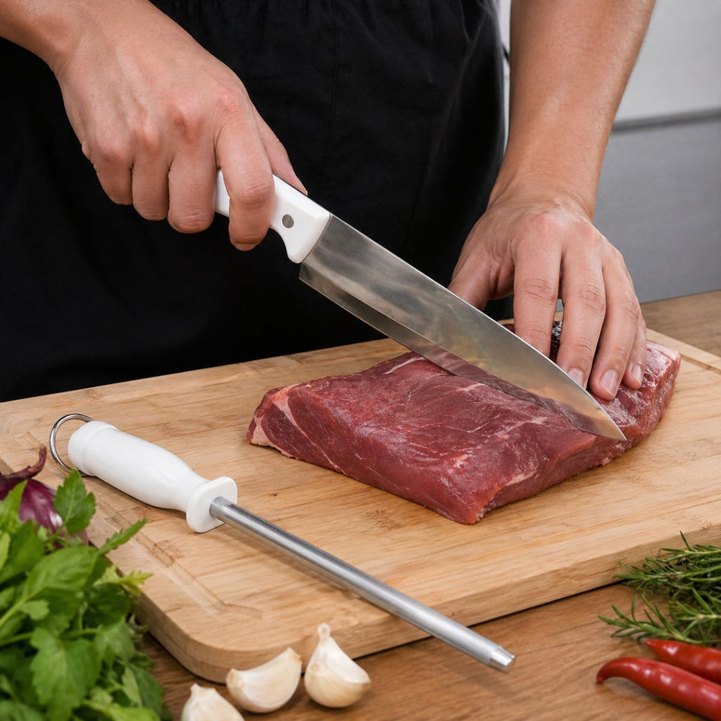 Kit Churrasco 2 Peças Faca e Chaira Inox Cabo Branco - MB-9201_W