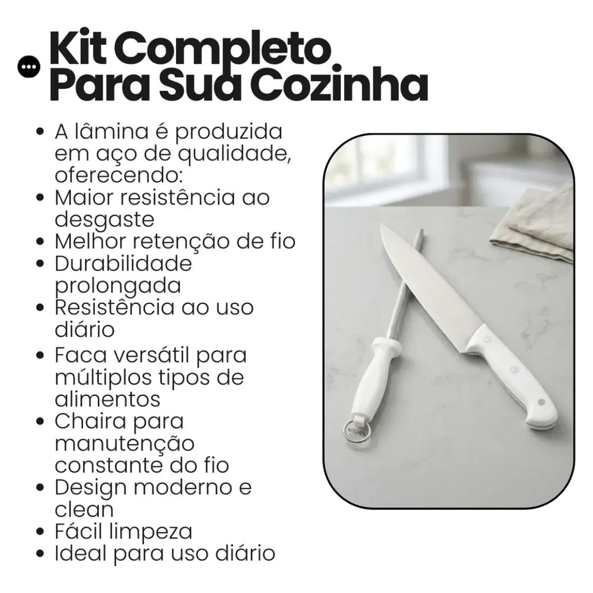 Kit Churrasco 2 Peças Faca e Chaira Inox Cabo Branco - MB-9201_W