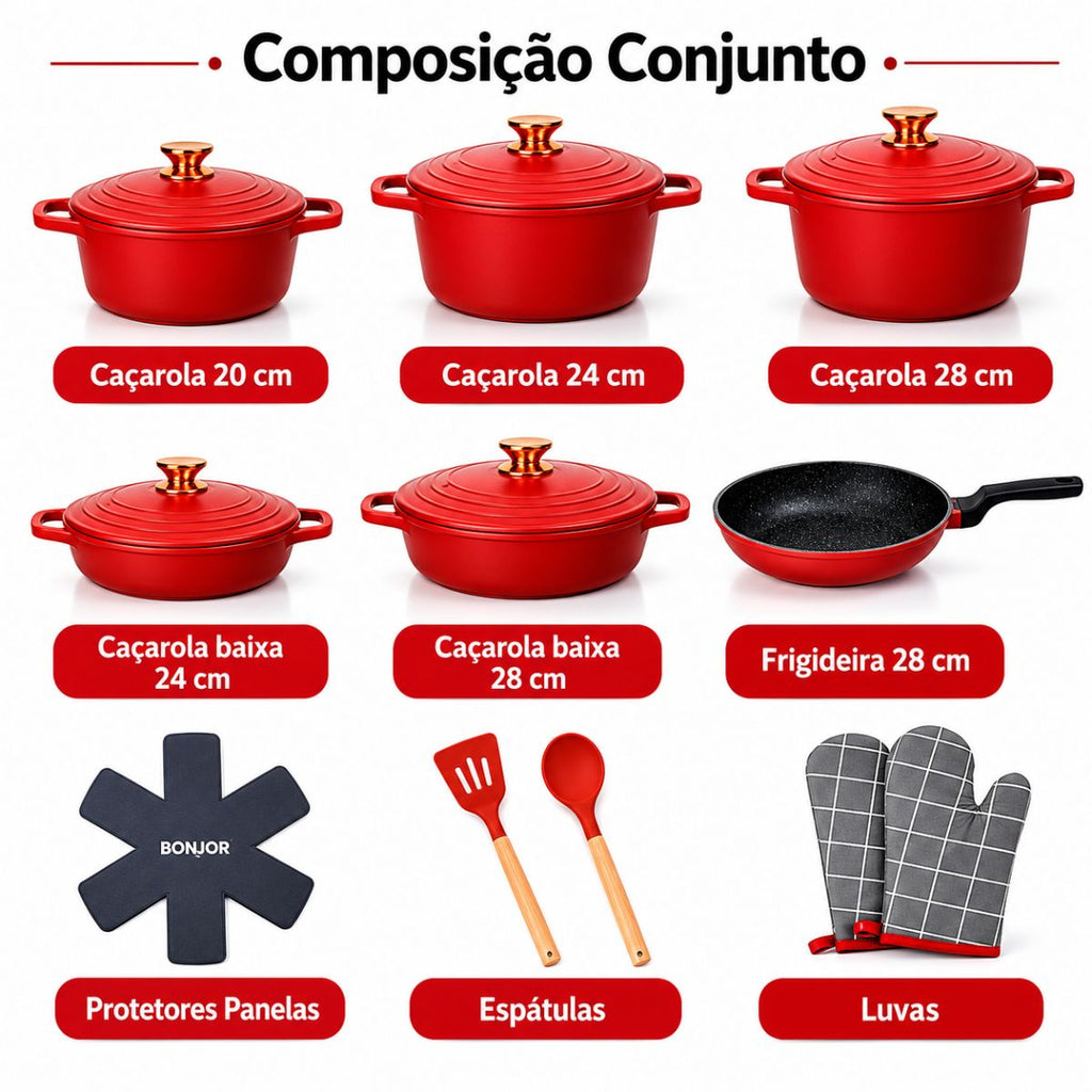 Kit Panelas Clássicas 18 Peças Vermelho Premium - CPN0032