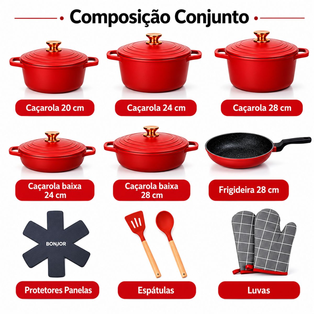 Kit Panelas Clássicas 18 Peças Vermelho Premium - CPN0032