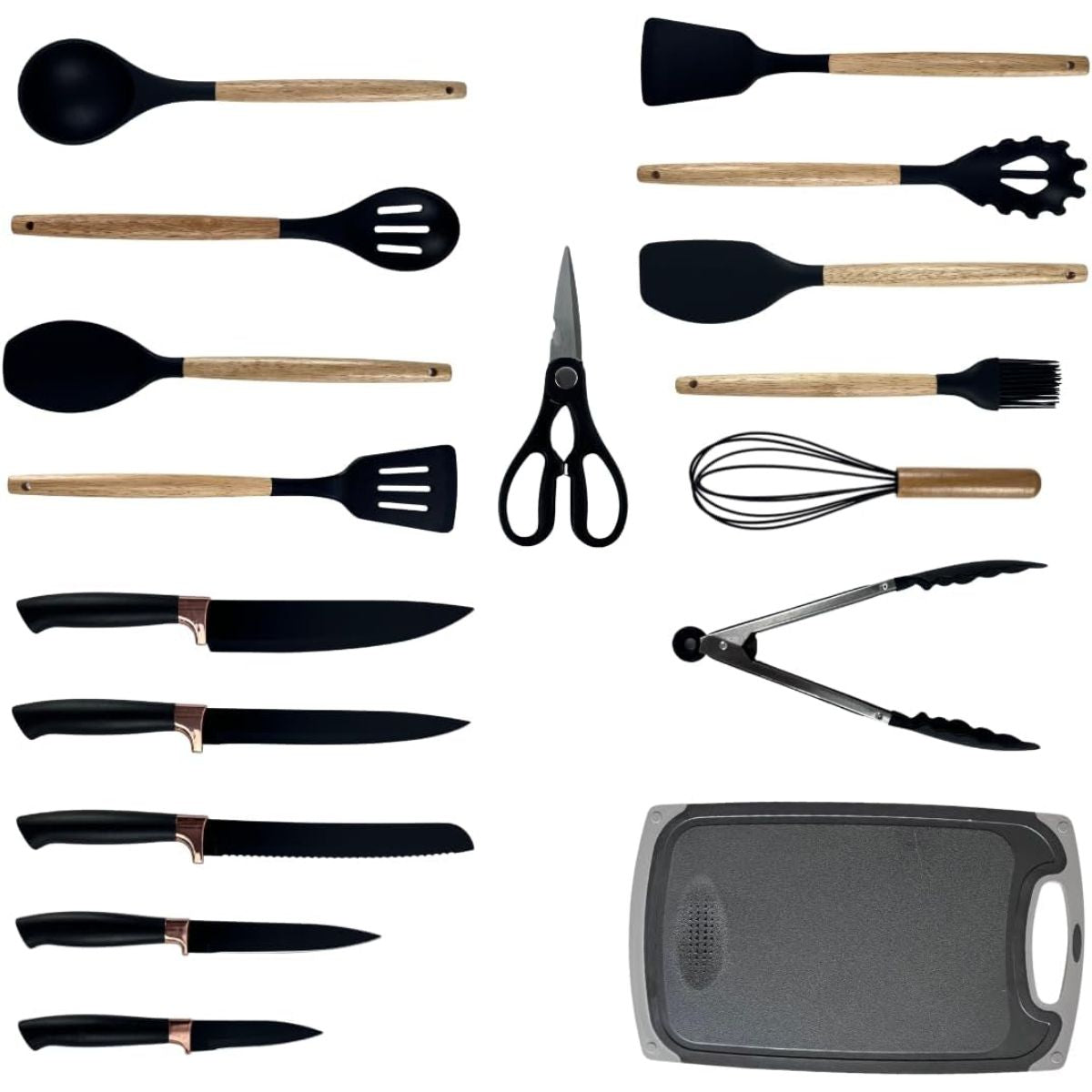 Kit Utensílios de Cozinha 19 Peças com Facas e Tábua - DA-19G