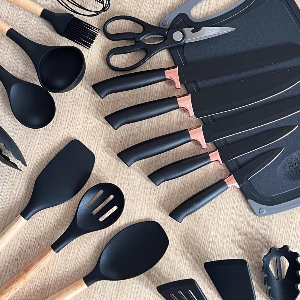 Kit Utensílios de Cozinha 19 Peças com Facas e Tábua - DA-19G