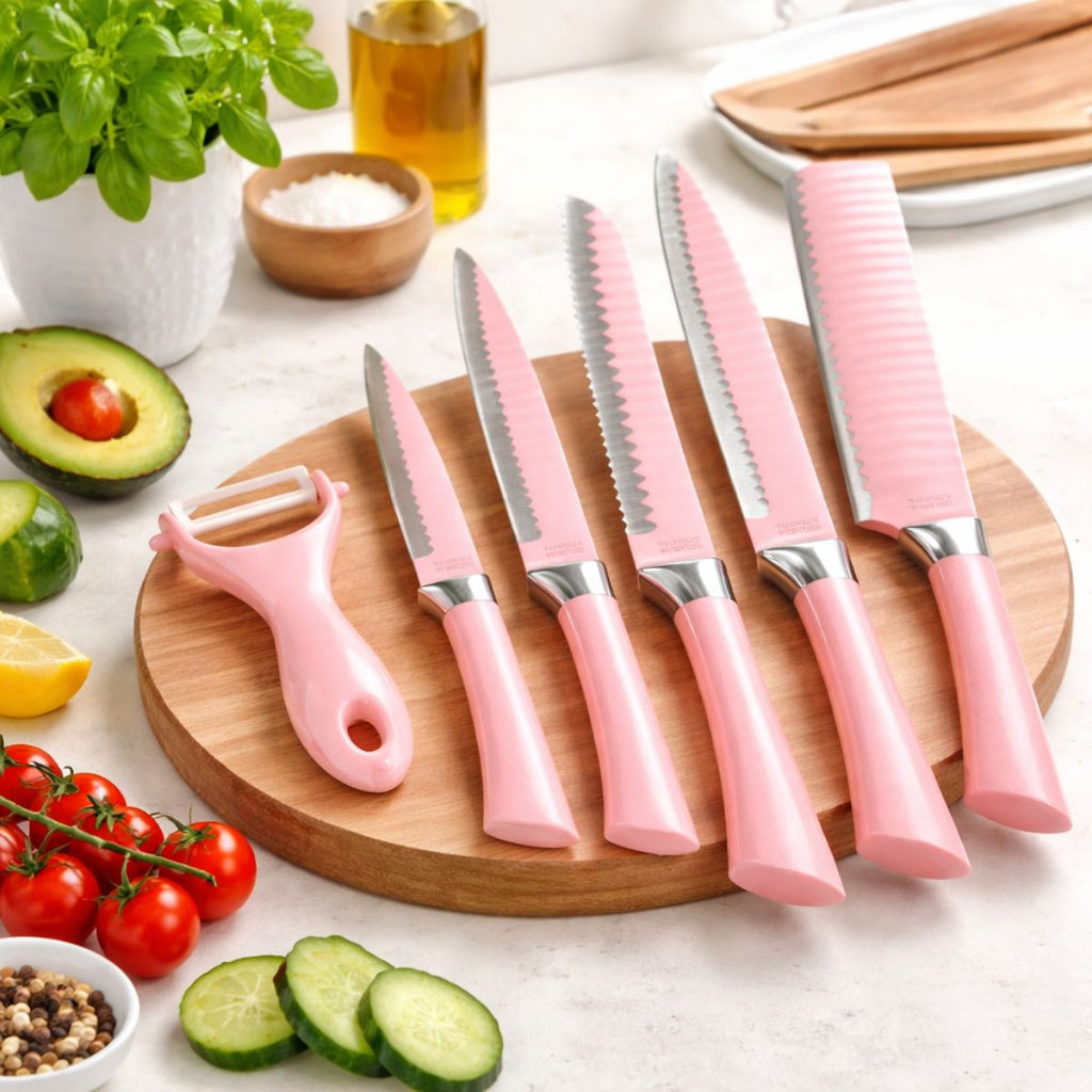Kit de Facas Rosa 6 Peças em Aço Inox com Descascador - XDX-12216ROSA