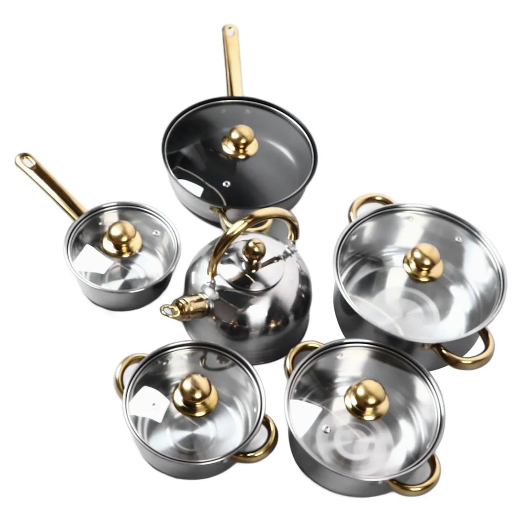 Kit de Panelas em Aço Inox Alças Douradas - IPJ00004