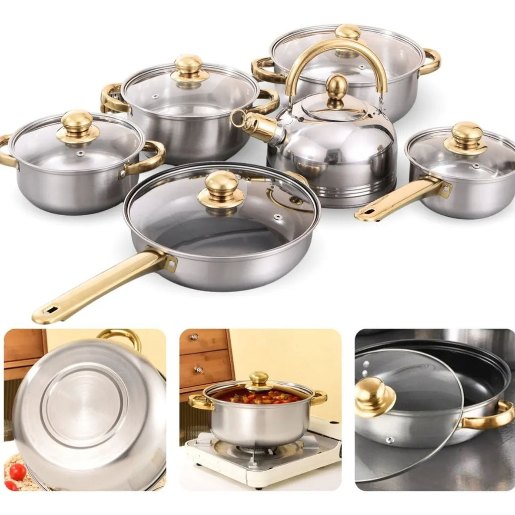 Kit de Panelas em Aço Inox Alças Douradas - IPJ00004
