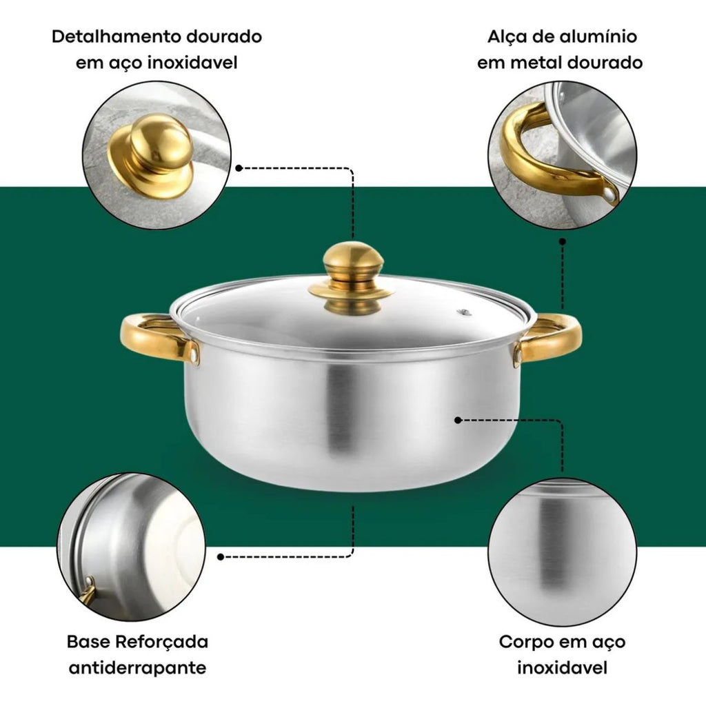 Kit de Panelas em Aço Inox Alças Douradas - IPJ00004