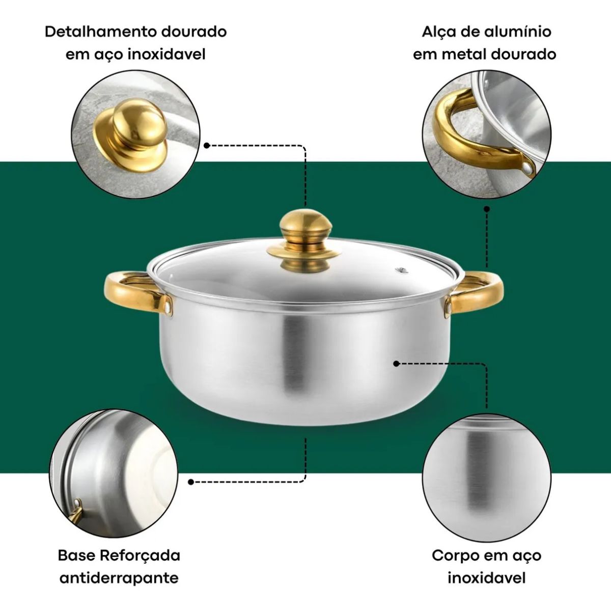 Kit de Panelas em Aço Inox Alças Douradas - IPJ00004