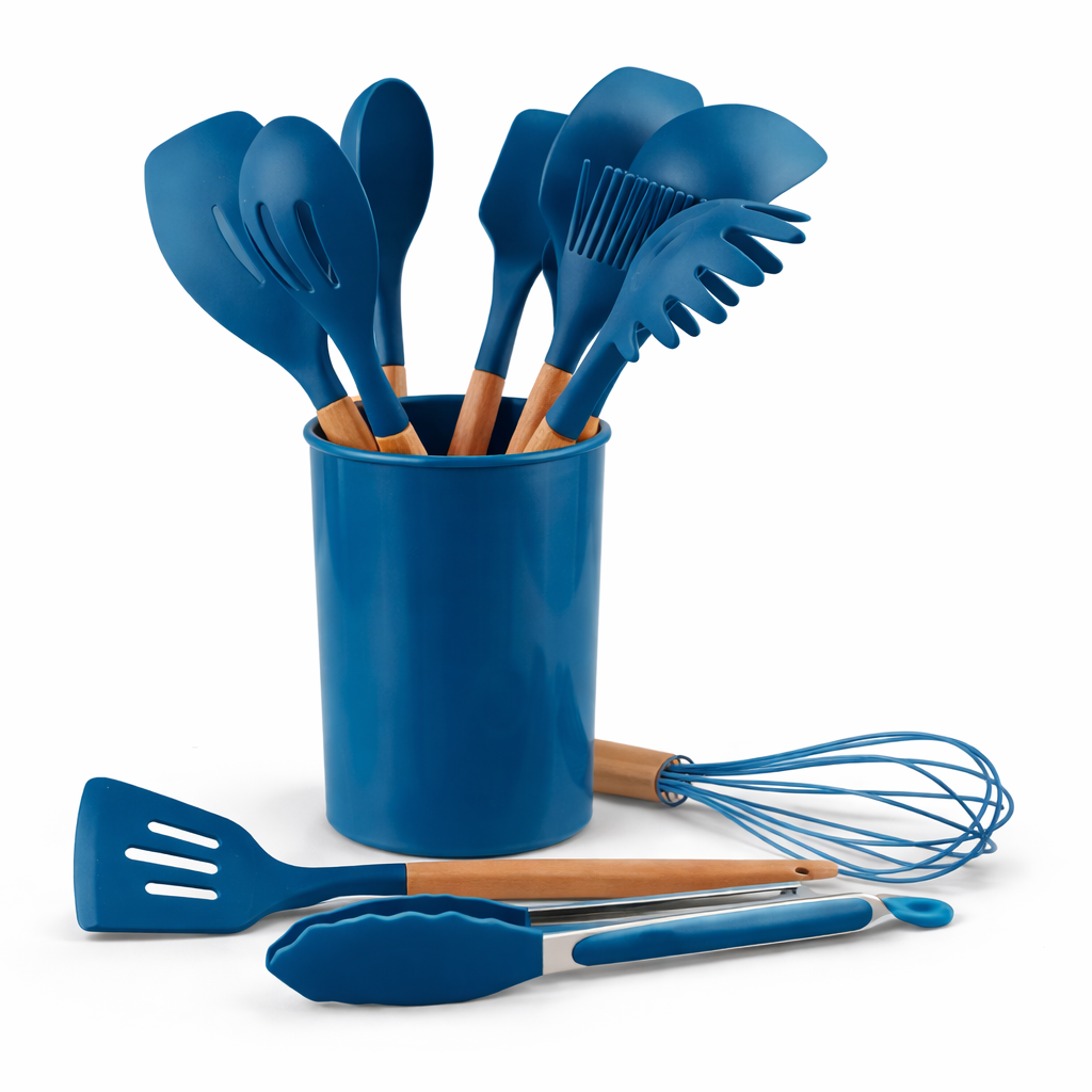 Kit de Utensílios de Cozinha 12 Peças em Silicone Azul com Cabo de Madeira - GJ-12AZUL