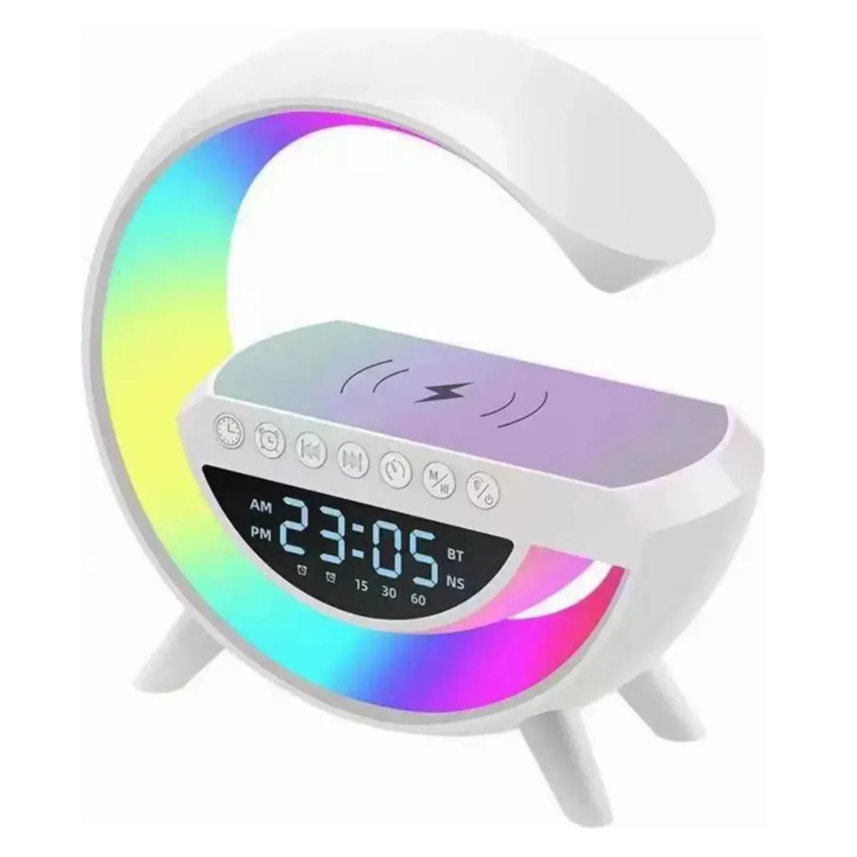 Luminária e Caixa de Som Bluetooth com Carregador Sem Fio e Relógio LED - G63