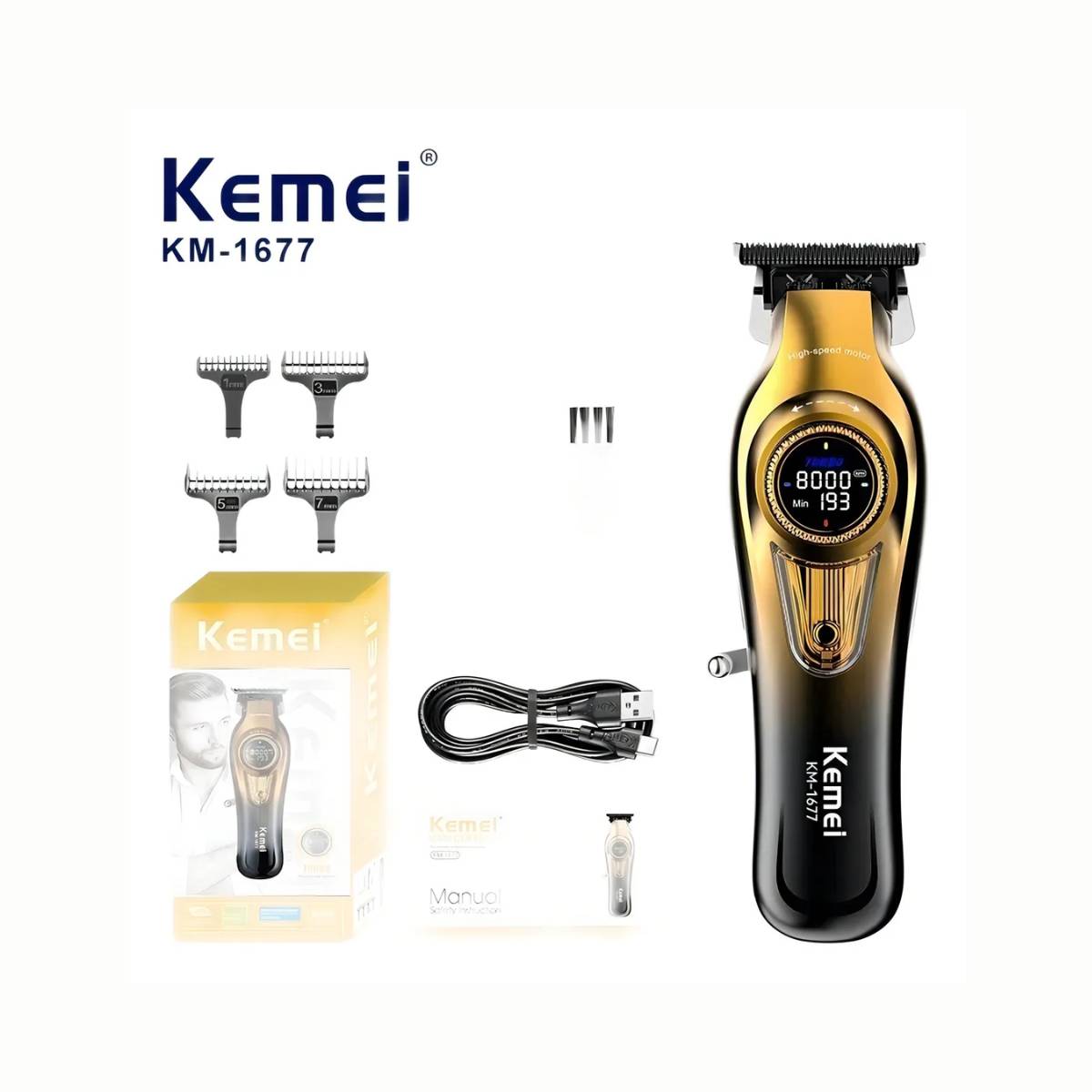 Máquina De Cortar Cabelo Kemei KM-1677 Profissional Recarregável Turbo 8000rpm Led - LFJ-KM-1677