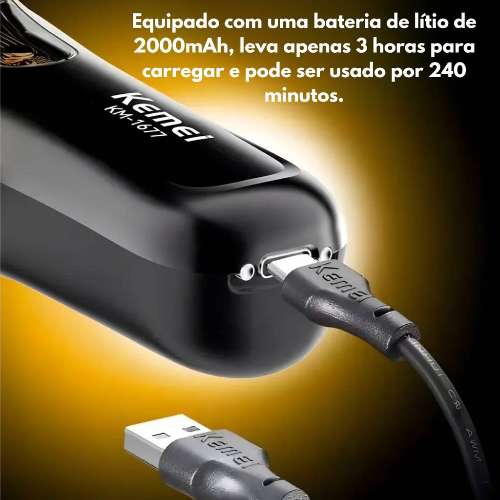 Máquina De Cortar Cabelo Kemei KM-1677 Profissional Recarregável Turbo 8000rpm Led - LFJ-KM-1677