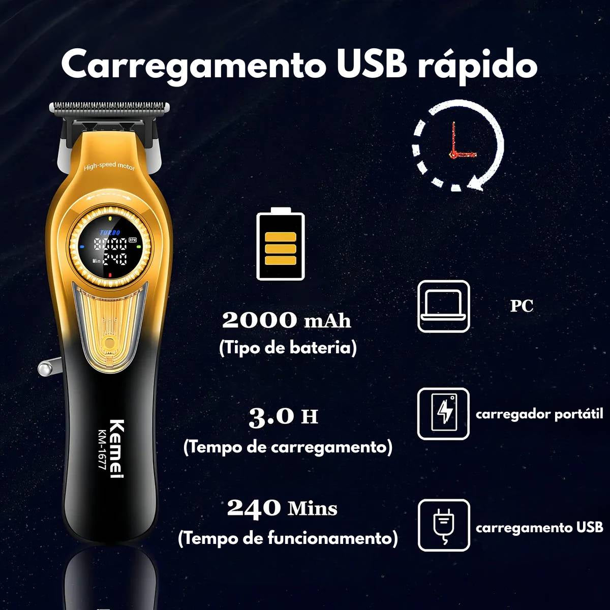 Máquina De Cortar Cabelo Kemei KM-1677 Profissional Recarregável Turbo 8000rpm Led - LFJ-KM-1677