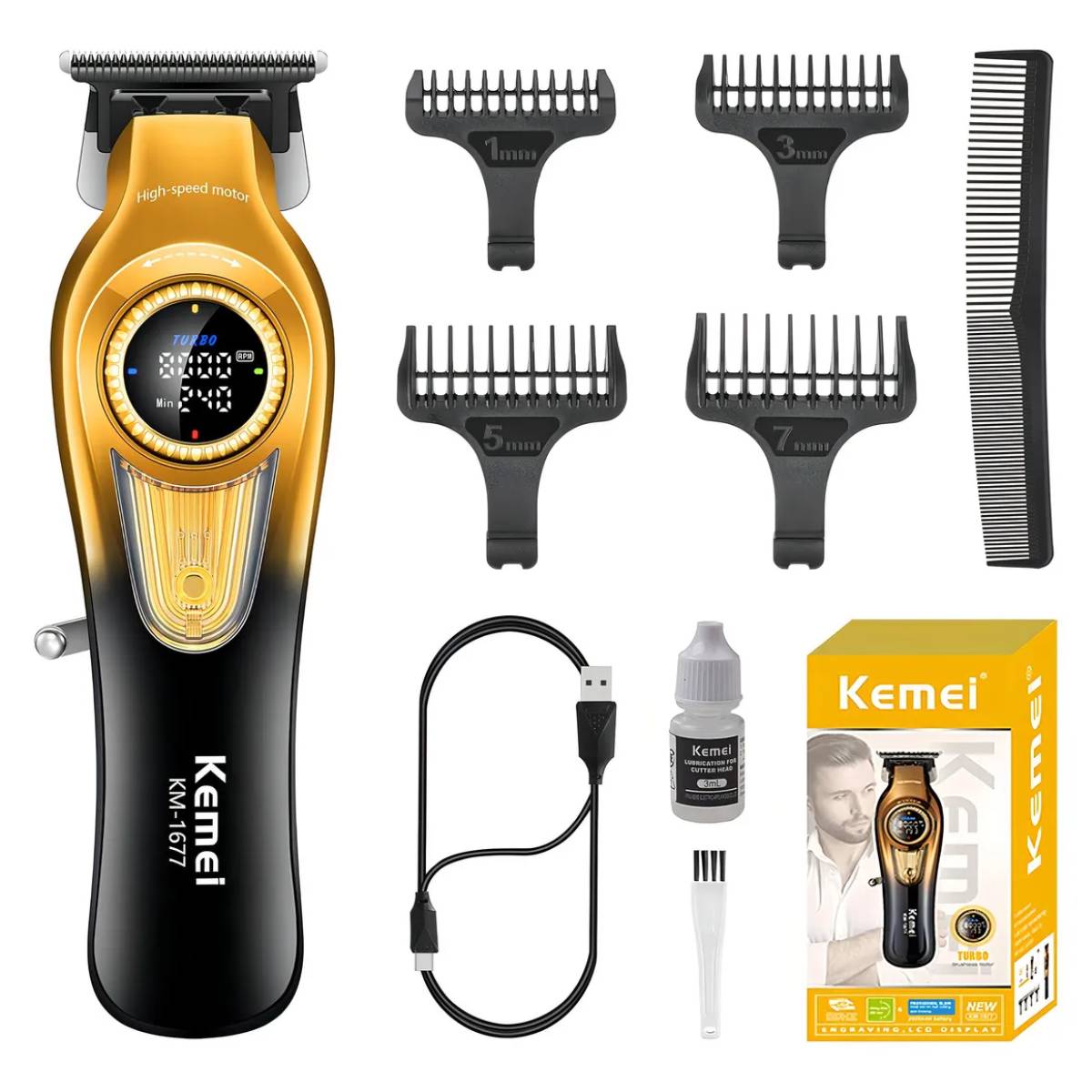 Máquina De Cortar Cabelo Kemei KM-1677 Profissional Recarregável Turbo 8000rpm Led - LFJ-KM-1677