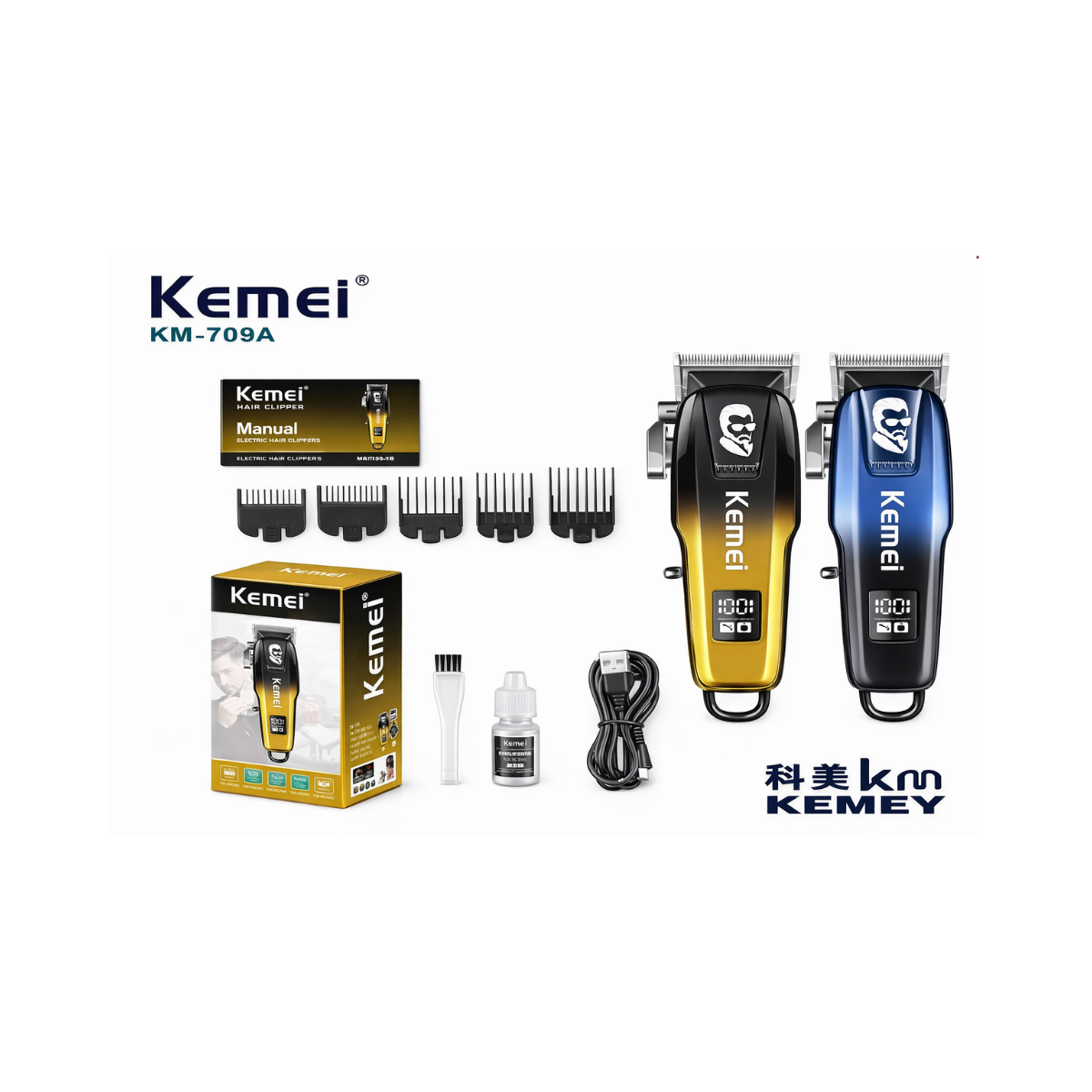 Máquina de Cortar Cabelo E Barba KEMEI-709A Profissional Azul e Amarela - LFJ-KM-709A