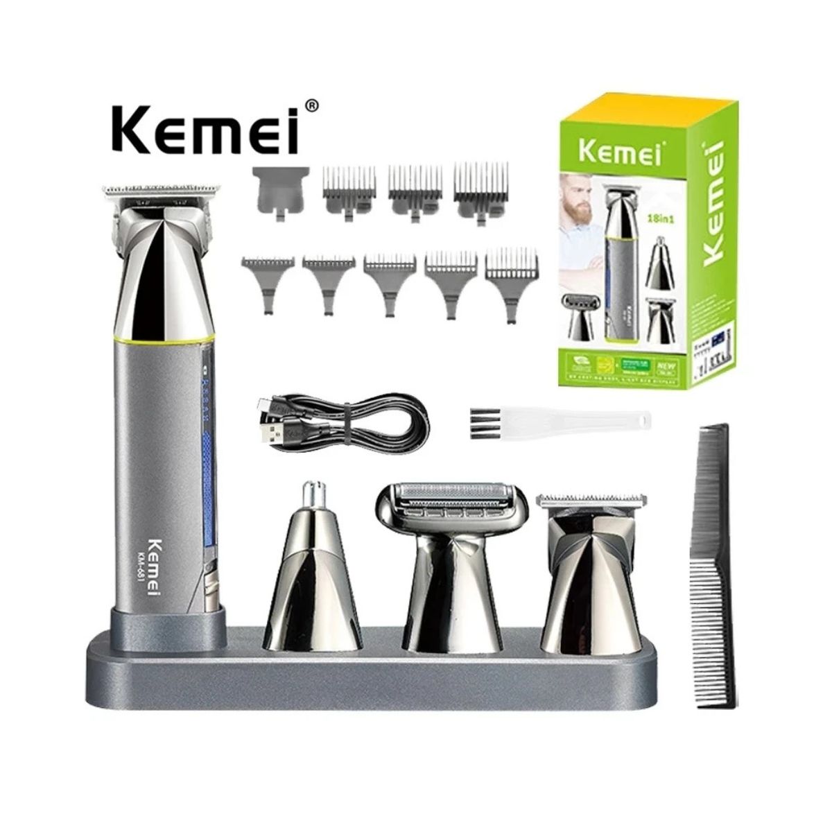 Máquina de Cortar Cabelo KEMEI-681 4 em 1 na Cor Verde - LFJ-KM-681